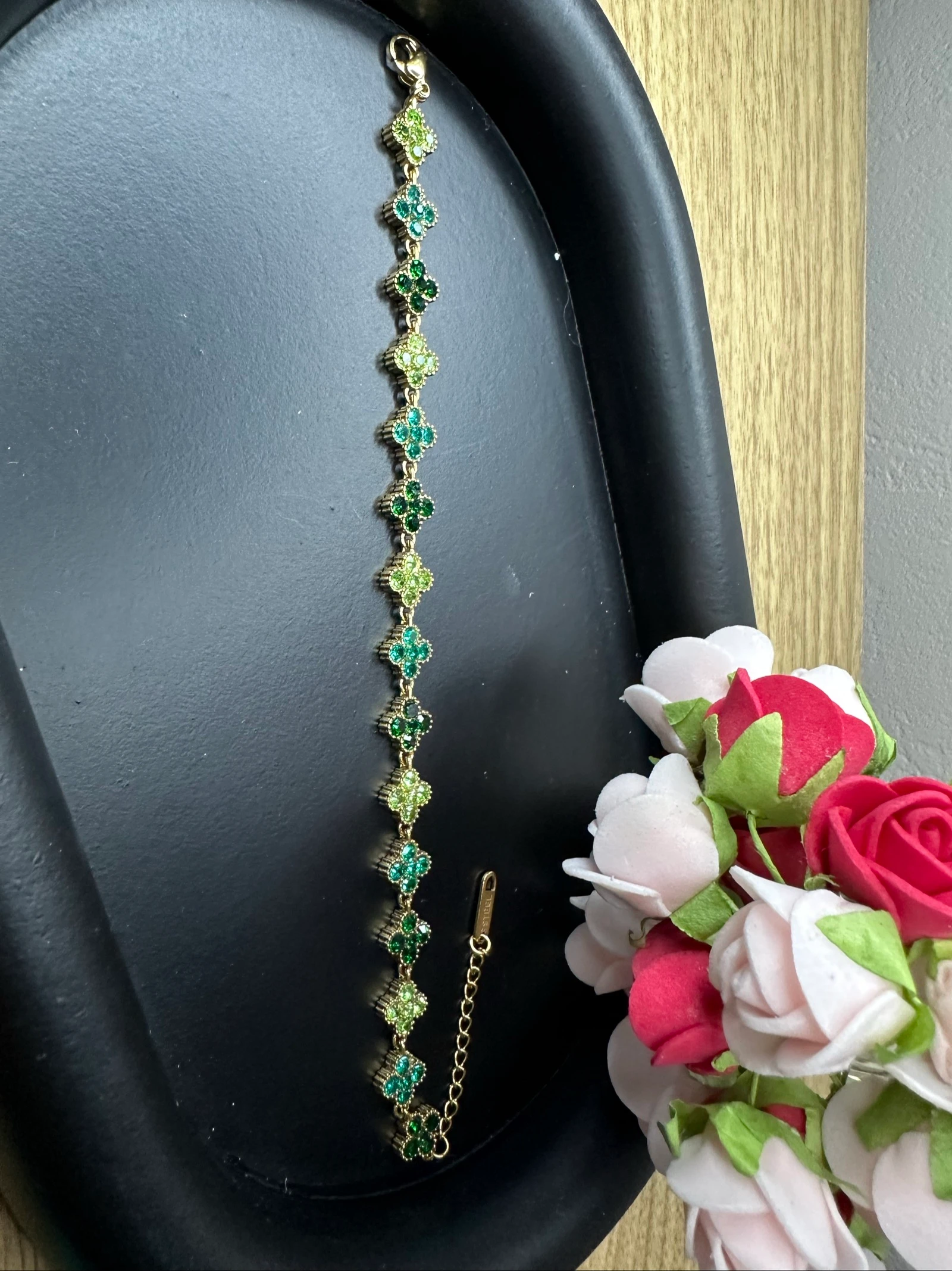 Green & Gold Rhinestone Clovers Bracelet - Stainless Steel (New) – photo 3